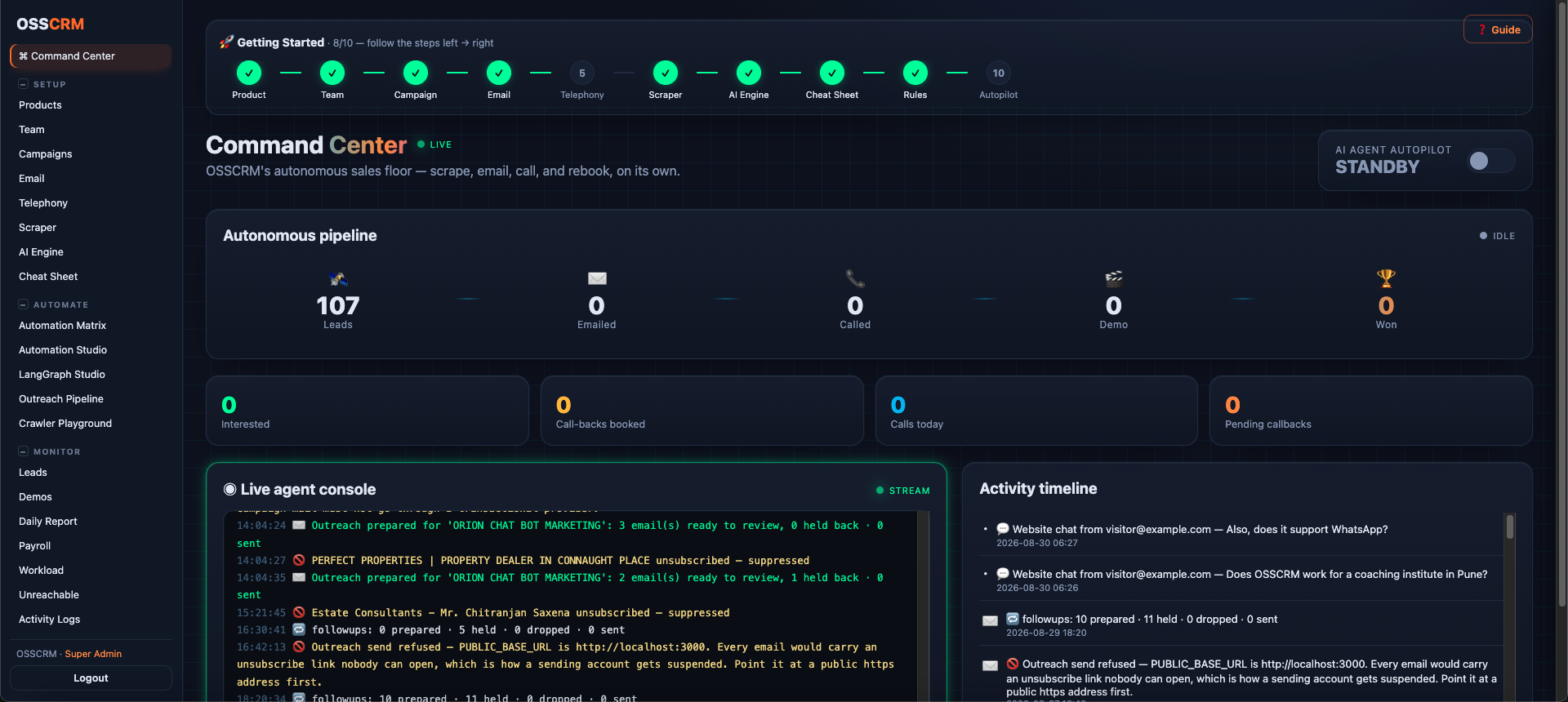 The OSSCRM Command Center — the autonomous pipeline, the live agent console and the Autopilot switch