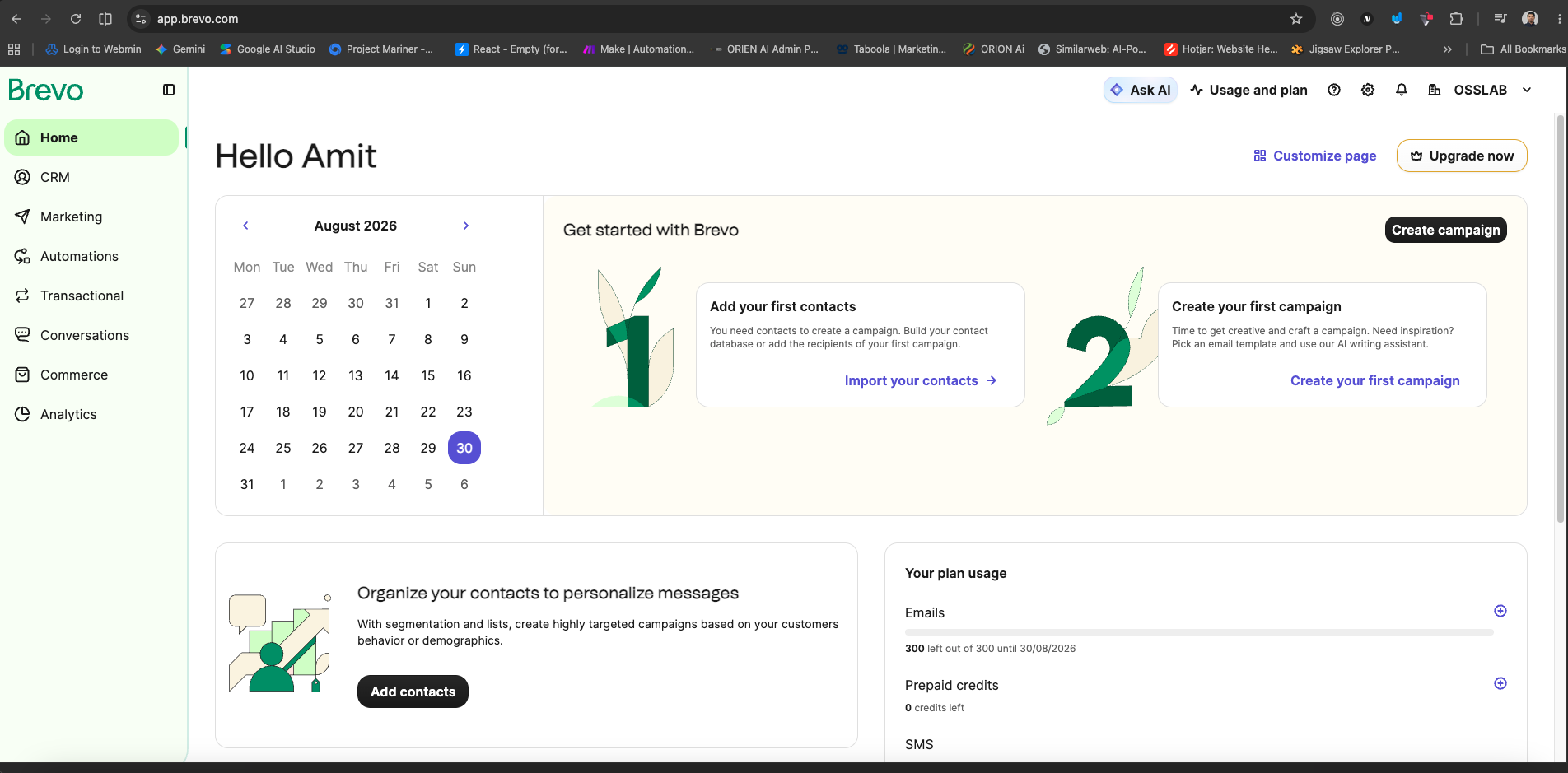 The sending account OSSCRM connects to — 300 emails a day on the free tier, with the daily allowance and plan usage visible